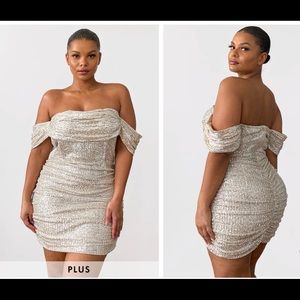 Plus Cream Sequin Bardot Bodycon Dress